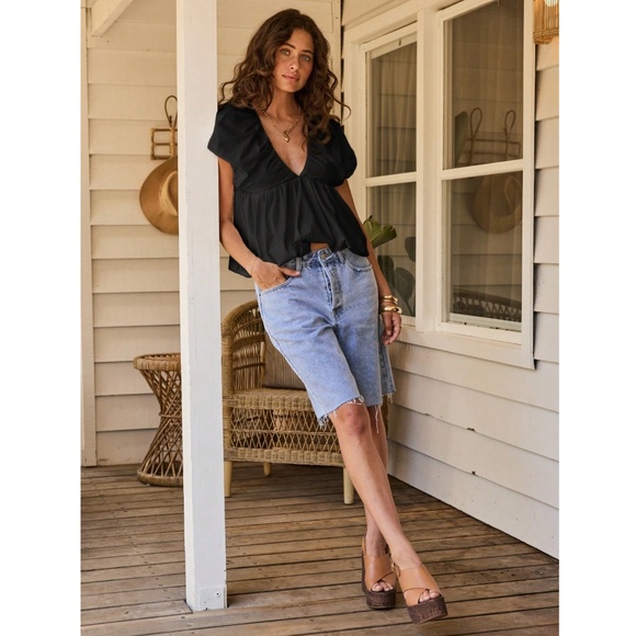 Puff Top in Black V-Neck Short Sleeve Tie Back Babydoll Style - Picture 5 of 8